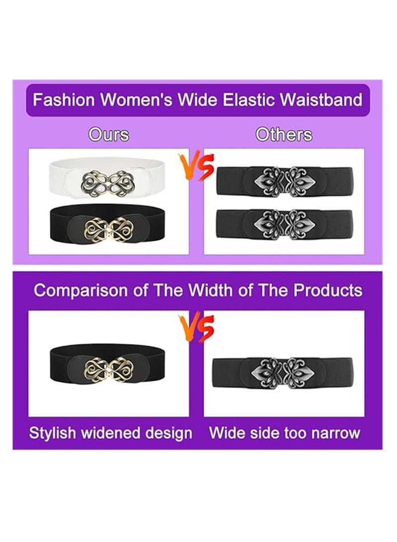Women's Wide Elastic Belt, Women Elastic Waist Belt with Shape Buckle Vintage Stretchy Waist Belt, Stretchy Waistband Ladies Retro Dress Belt for Dresses, 3 Pcs, Black, Red, Brown