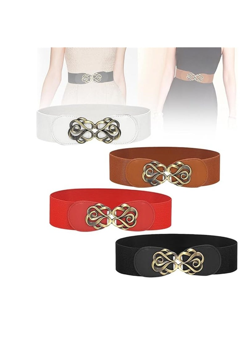Women's Wide Elastic Belt, Women Elastic Waist Belt with Shape Buckle Vintage Stretchy Waist Belt, Stretchy Waistband Ladies Retro Dress Belt for Dresses, 3 Pcs, Black, Red, Brown