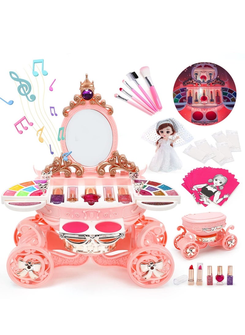 Kids Makeup Kit for Girl, 55 Pack Pretend Beauty Salon Play Set Makeup Toys, Play Makeup Set with Washable Non-Toxic Cosmetic, Princess Doll, Makeup Vanity Toy Set for Girl Ages 3 and Up