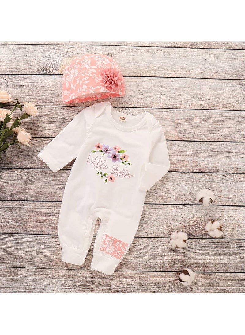 Newborn Baby Girl Clothes Set, Onesie Romper Bodysuit with Floral Hat, Adorable Infant Floral Overall Sleepsuit, Fits 6-9 Months, Cute Outfit