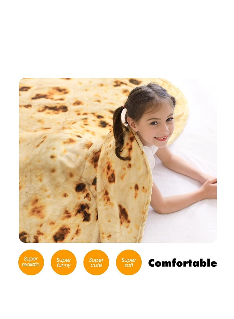 Burritos Tortilla Blanket, Funny Realistic Food Throw Blankets, Novelty Soft and Comfortable Flannel Tortilla Taco Blanket, Round Shape, for Adult and Kids Use (150x150cm, Yellow)