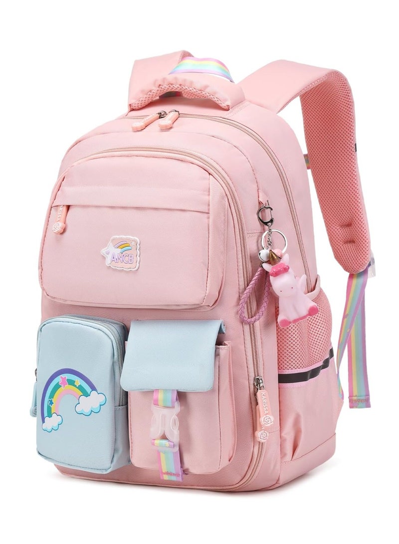 Backpack for Girls, Wide Open Elementary Primary Middle School Bags with Many Compartments, Safety Reflective Strip, Waterproof, Large Capacity, for Kids, Teens, Pink