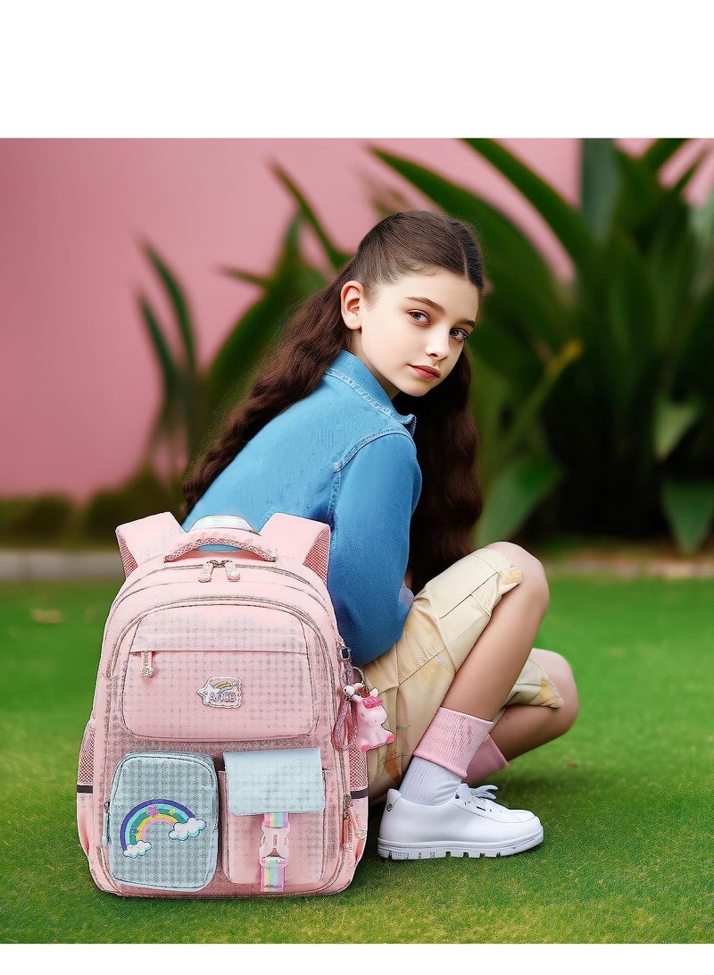 Backpack for Girls, Wide Open Elementary Primary Middle School Bags with Many Compartments, Safety Reflective Strip, Waterproof, Large Capacity, for Kids, Teens, Pink