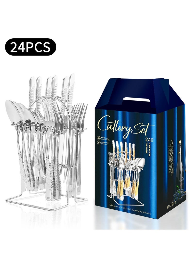 24-pieces Stainless steel tableware Western knife, fork and spoon set Silver