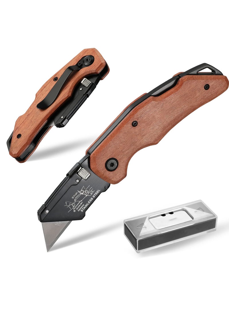 Folding Utility Knife with Stainless Steel Head Quick-change Blade & Back Lock Wood Handle Heavy Duty Box Cutter 1PC Razor Knife with Extra 10PC SK5 Blades