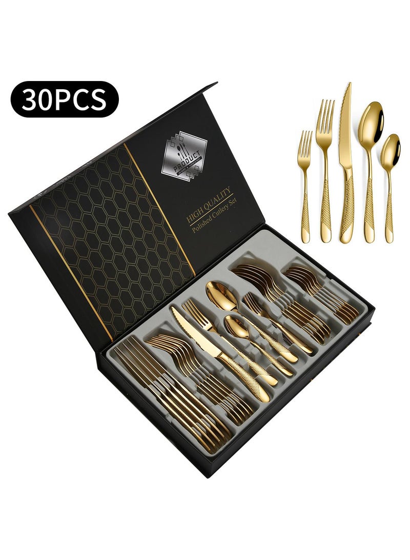 30-pieces Stainless steel tableware Western knife, fork and spoon set gold