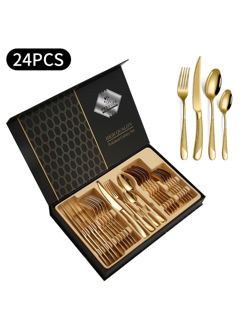 24-pieces Stainless steel tableware Western knife, fork and spoon set Gold