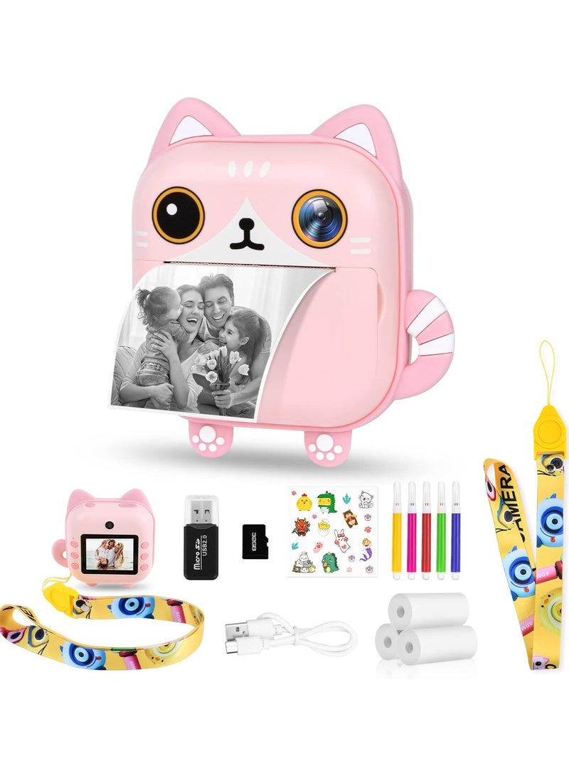 Instant Camera for Children Mini Thermal Printing Camera 32 TF Card Display 2.4 inch 1080P HD Video Photo 48MP Dual Camera 2 rolls included Pink Cat