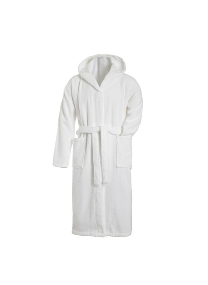 Unisex Turkish Terry Cotton Hooded Bathrobe White Long Sleeve with Pockets