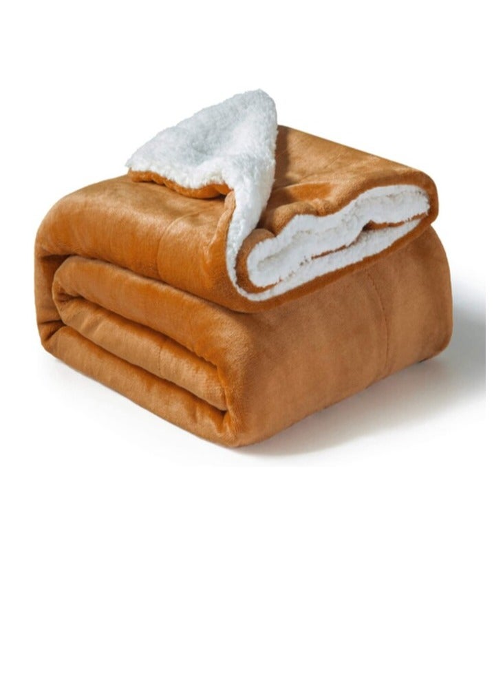 Sherpa Blanket Single Size Twin Plush Throw Bed Blanket, 160X220cm, Flannel Fleece Reversible Lamb Blanket, Golden Beige