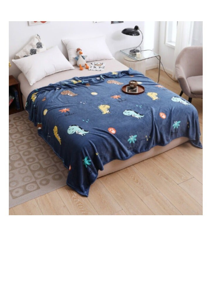 LUNA HOME Fleece Blanket 200*230cm Super Soft Throw Dino Design, Blue Color.