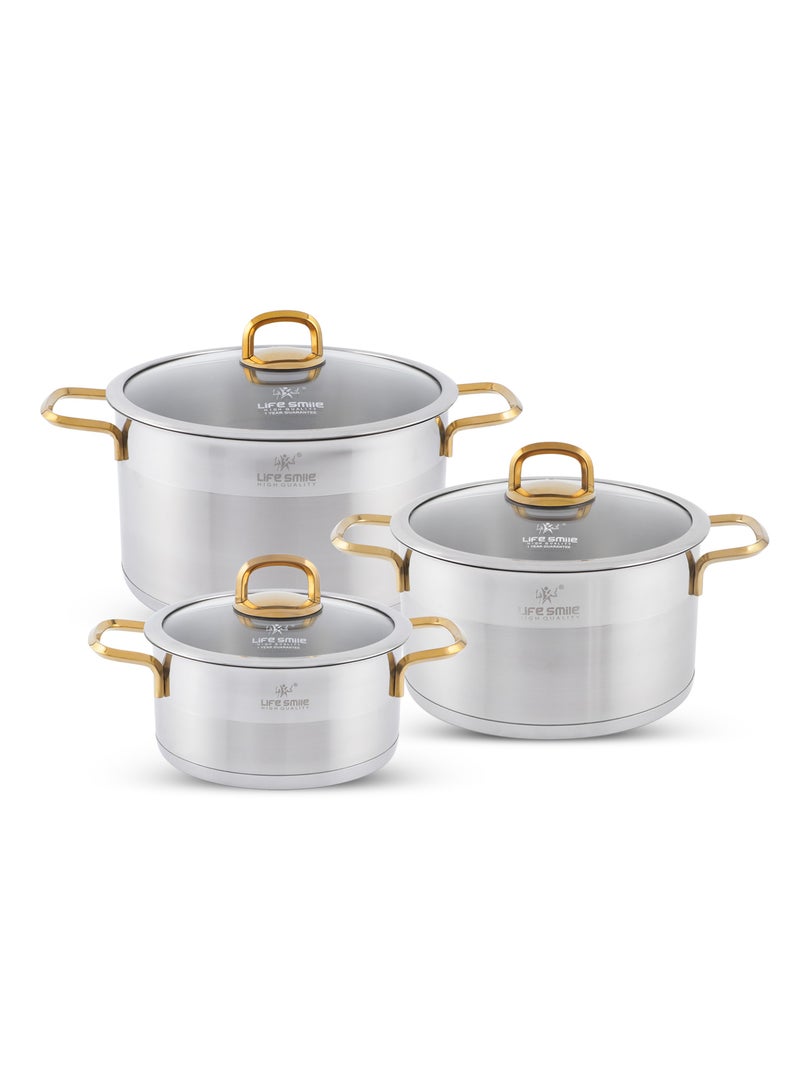 President Series Premium 18/10 Stainless Steel Cookware Set - Pots and Pans Set Induction 3-Ply Thick Base for Even Heating Includes Casserroles 20/24/28cm Oven Safe Silver Gold