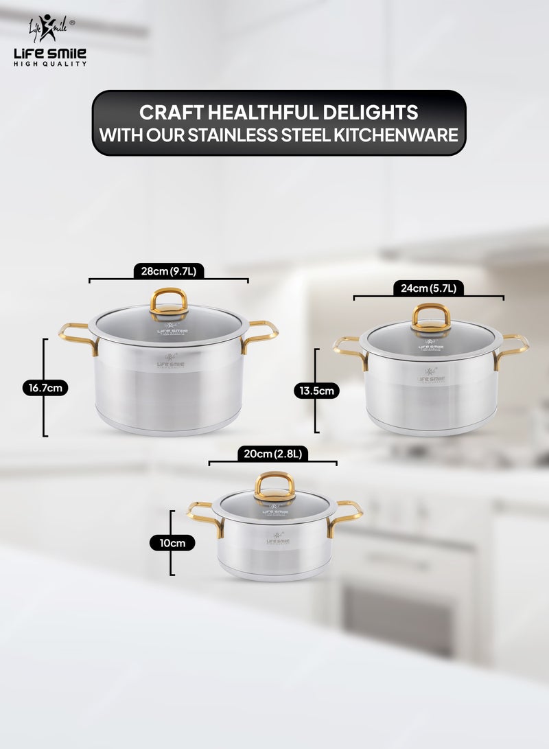 Premium 18/10 Stainless Steel Cookware Set - Pots and Pans Set Induction 3-Ply Thick Base for Even Heating Kitchen Cooking Set Includes Casserroles 20/24/28cm Oven Safe Silver Gold