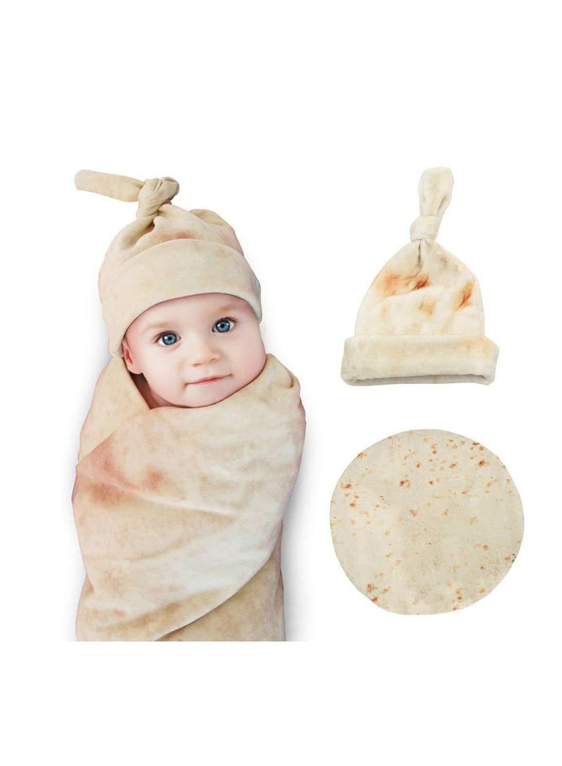 Burritos Blanket, Tortilla Blanket for Baby, Round Shape Throw Blanket, Realistic Fleece Warm Soft Taco Blanket Kids Baby Blanket, 85 * 85cm, with Matching Hat (Beige)