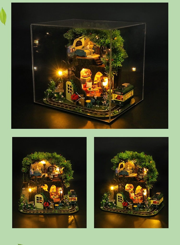 DIY Miniature Dollhouse Kit Realistic Mini 3D Wooden House Room Craft with Furniture Led Lights Dust Proof Cover and Music Movement Creative Room Idea for Valentine's Day Birthday Gift