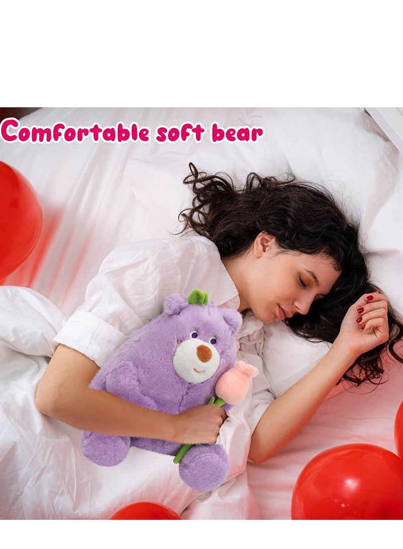 Teddy Bear Stuffed Animal with Tulips Adorable Cute Soft Purple Plush Toy for Lover Valentine's Day Gift Girlfriend Kids Wedding Decoration 25cm