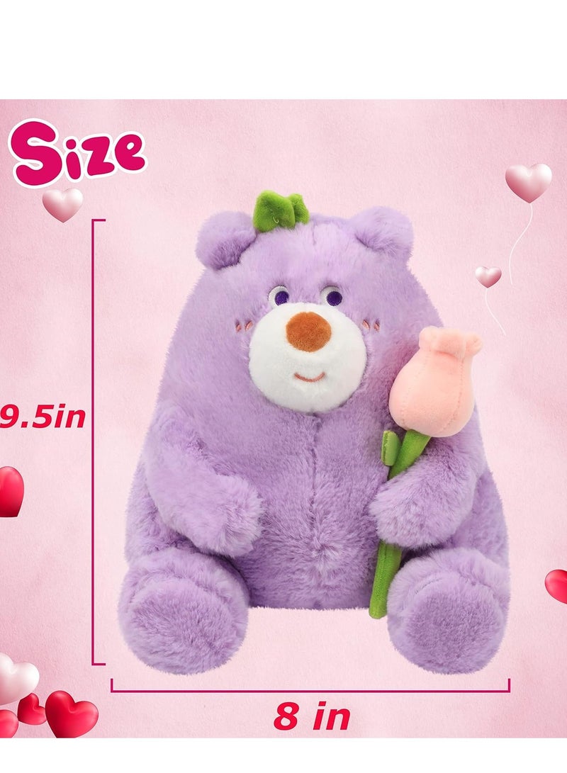 Teddy Bear Stuffed Animal with Tulips Adorable Cute Soft Purple Plush Toy for Lover Valentine's Day Gift Girlfriend Kids Wedding Decoration 25cm