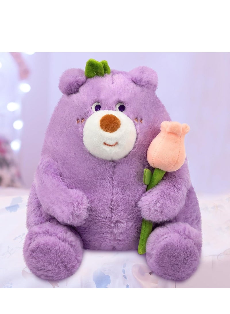 Teddy Bear Stuffed Animal with Tulips Adorable Cute Soft Purple Plush Toy for Lover Valentine's Day Gift Girlfriend Kids Wedding Decoration 25cm