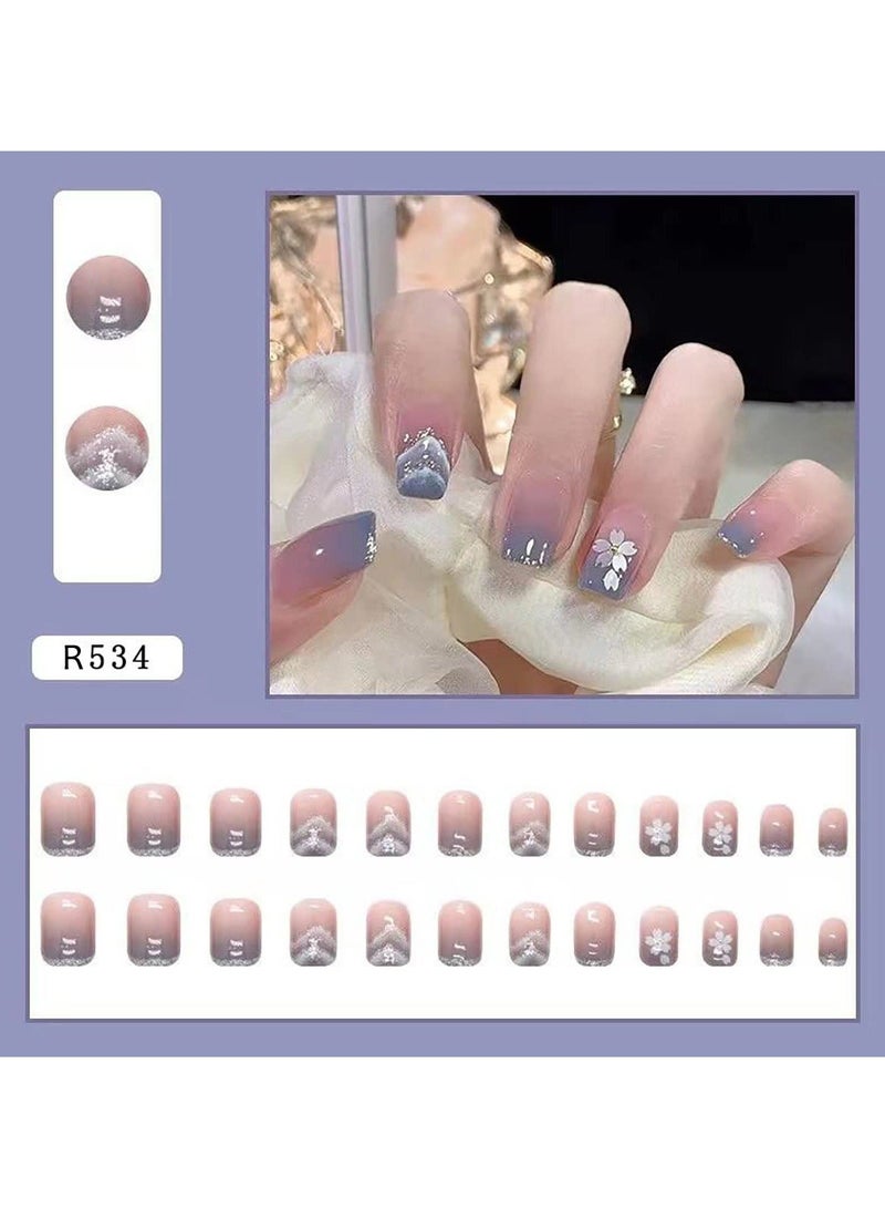 24 Pcs Flower Press on Nails Short Square Fake Nude Purple Cloud Mountains Design French False Full Cover Artificial Stick for Women Girls Acrylic Manicure Decorations