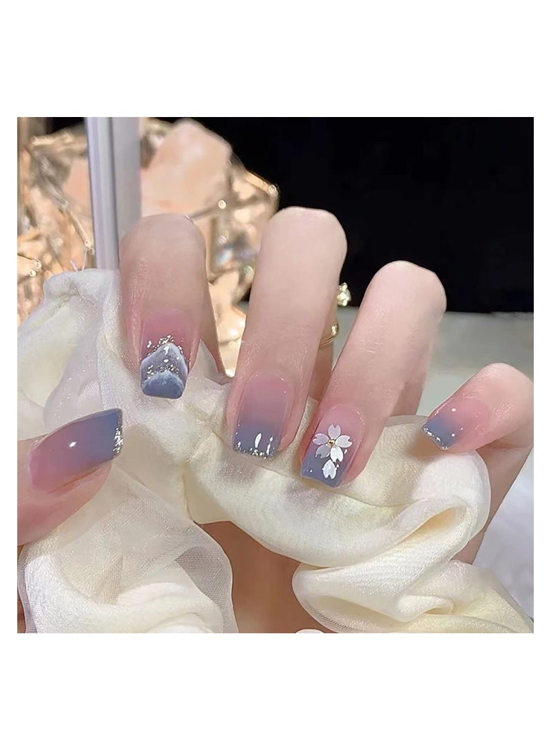 24 Pcs Flower Press on Nails Short Square Fake Nude Purple Cloud Mountains Design French False Full Cover Artificial Stick for Women Girls Acrylic Manicure Decorations