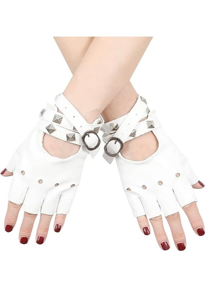 Half Finger Gloves, PU Leather Performance Gloves, Women Heart Cutout Punk Half Finger Gloves, Dance Glove Performance Costume Style Glove (White)