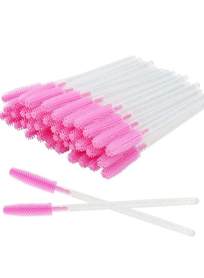 Pack Of 100 Disposable Silicone Eyelash Extension Spoolie Brush Mascara Brushes Wands Applicator (Crystal White Handle Pink)