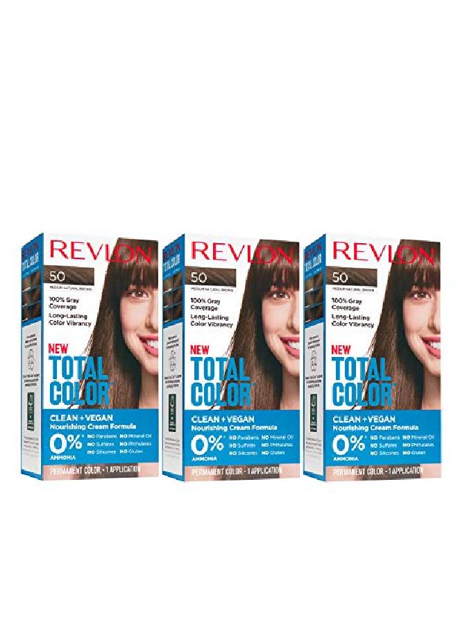 Permanent Hair Color by Permanent Hair Dye Total Color with 100% Gray Coverage Clean & Vegan 50 Medium Natural Brown 10.2 Oz (Pack of 3)