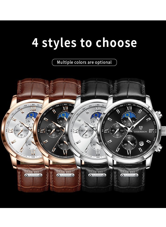 Water Resistant Watches Men's Chronograph Quartz Watch for Men Business with Luxury Leather Band Black