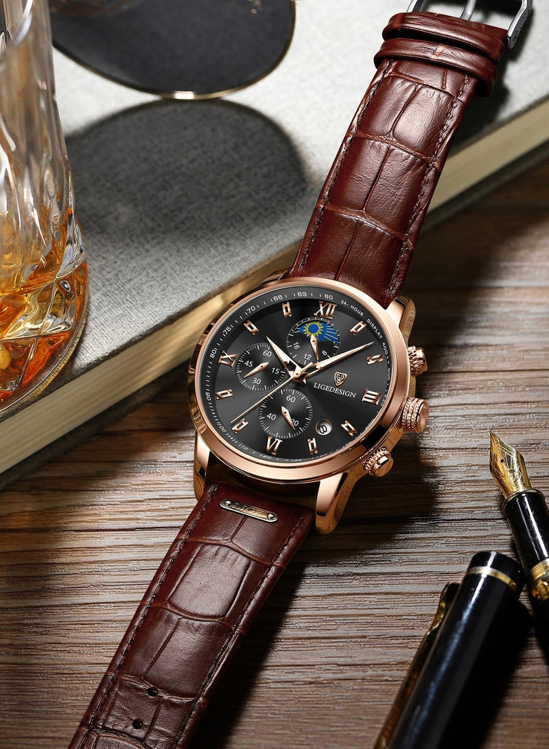 Water Resistant Watches Men's Chronograph Quartz Watch for Men Business with Luxury Leather Band Black