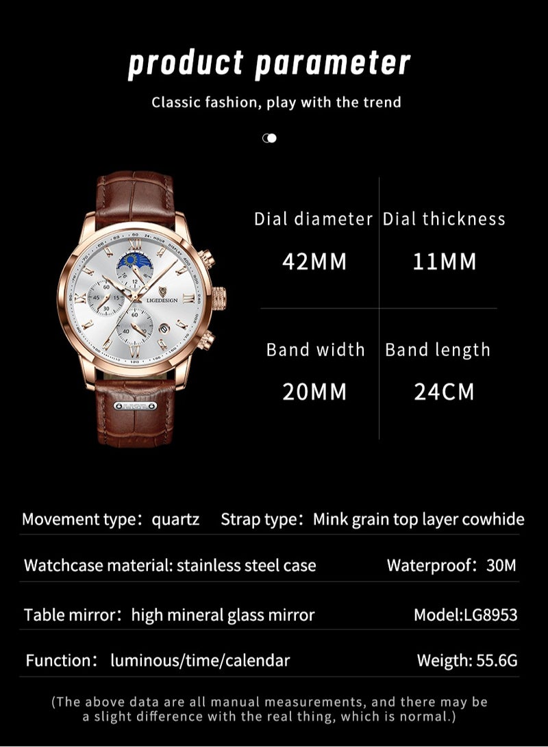 Water Resistant Watches Men's Chronograph Quartz Watch for Men Business with Luxury Leather Band Black