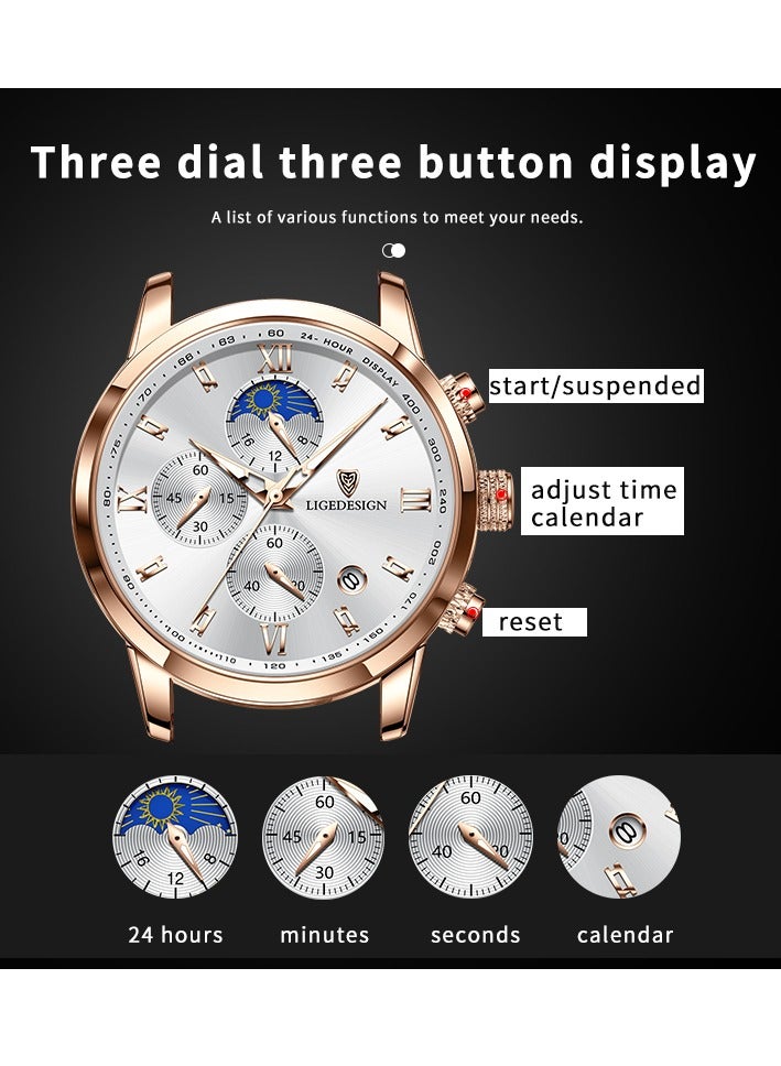 Water Resistant Watches Men's Chronograph Quartz Watch for Men Business with Luxury Leather Band Black