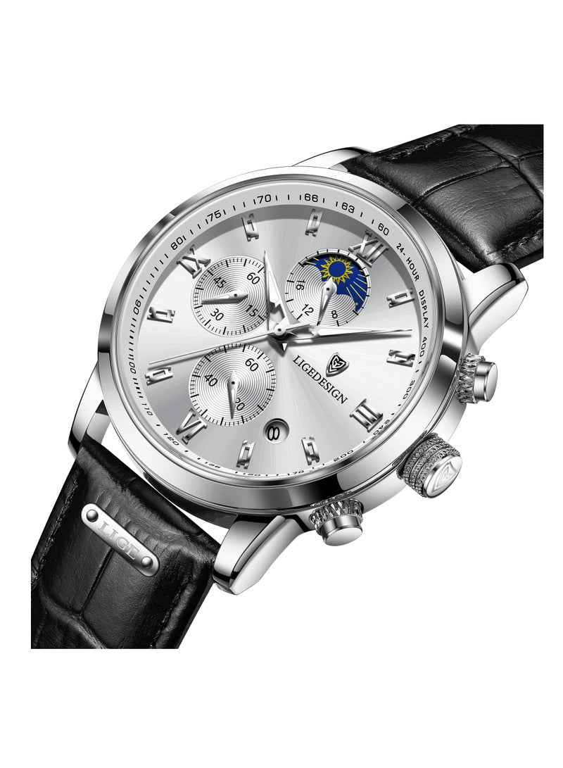 Water Resistant Watches Men's Chronograph Quartz Watch for Men Business with Luxury Leather Band Black