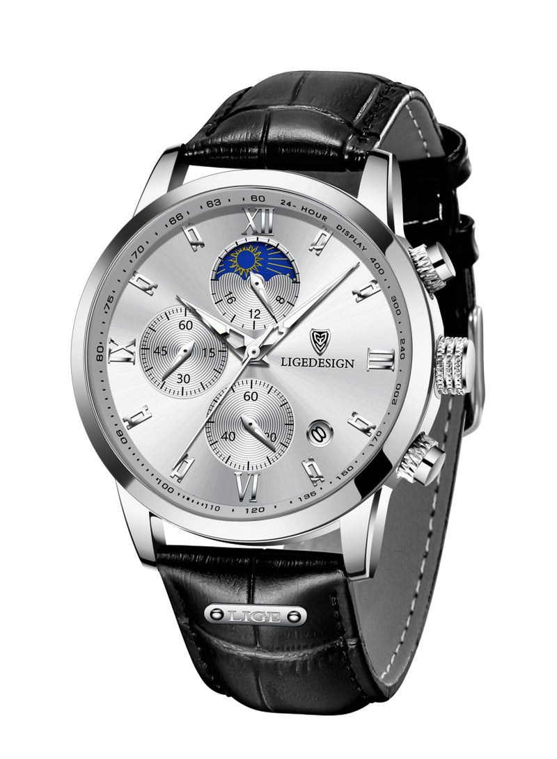 Water Resistant Watches Men's Chronograph Quartz Watch for Men Business with Luxury Leather Band Black