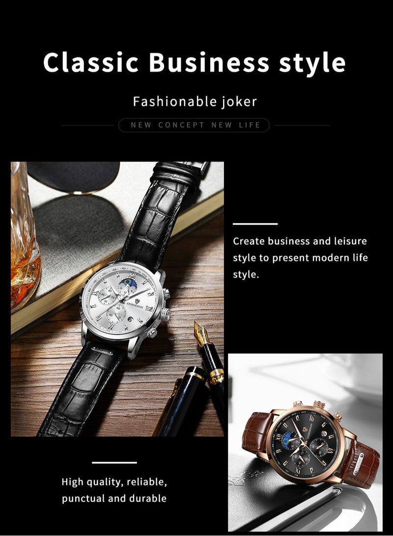 Water Resistant Watches Men's Chronograph Quartz Watch for Men Business with Luxury Leather Band Black