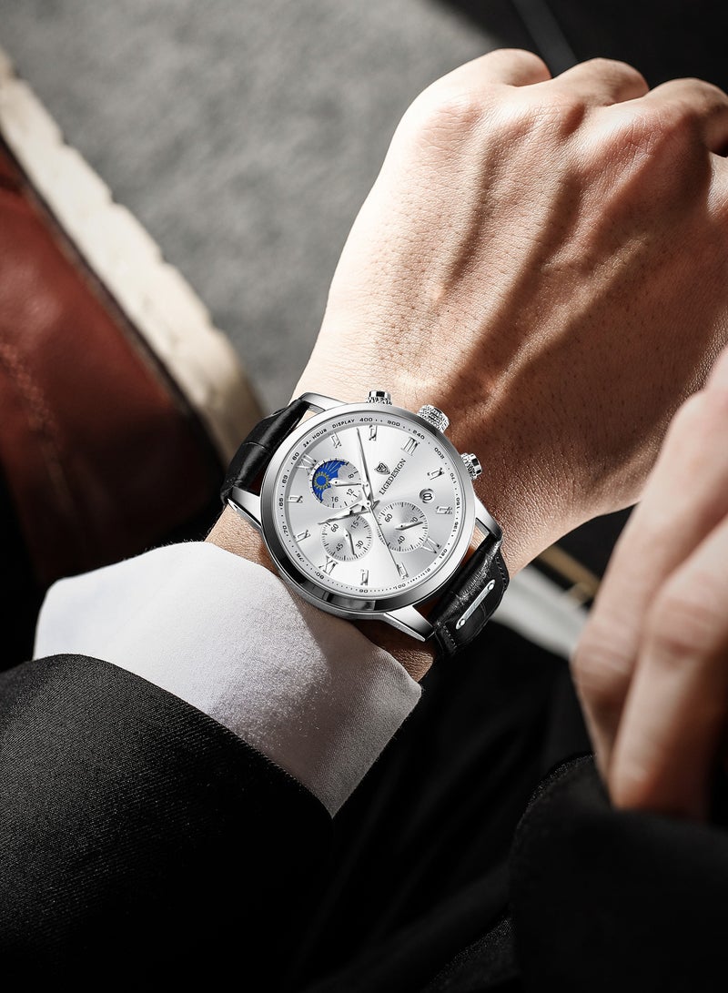 Water Resistant Watches Men's Chronograph Quartz Watch for Men Business with Luxury Leather Band Black