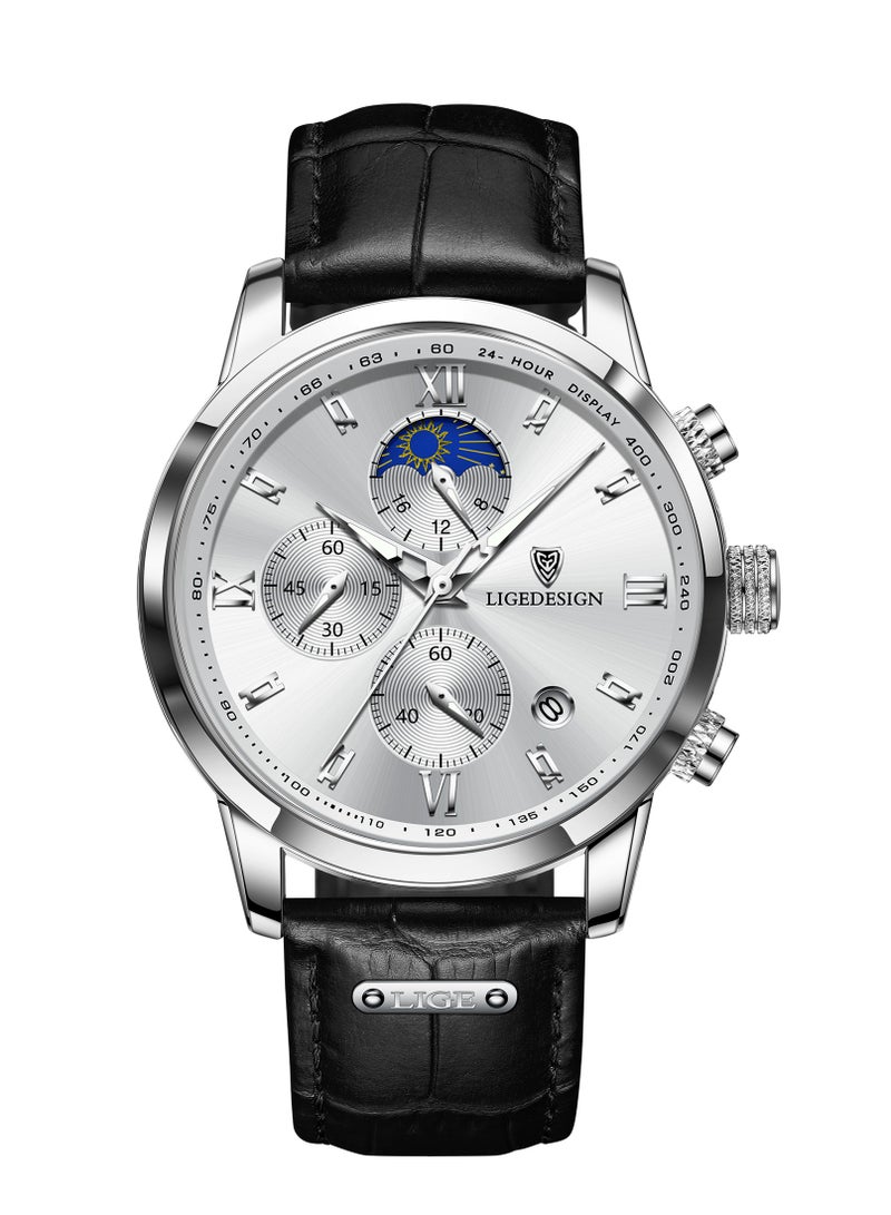 Water Resistant Watches Men's Chronograph Quartz Watch for Men Business with Luxury Leather Band Black