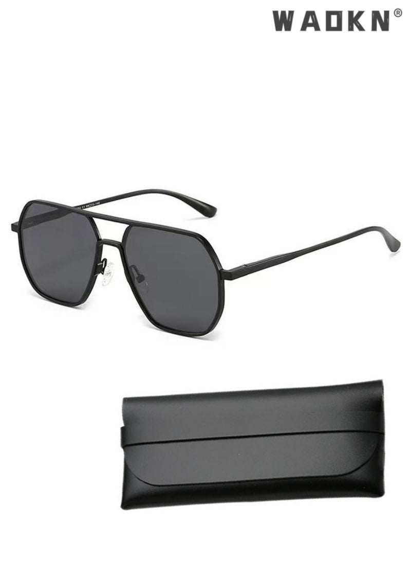 Men's Polarized Sunglasses Black Gray Polygon Lens UV400 Aluminum-Magnesium Alloy Arms for Driving Traveling Hunting with Case 58mm (Black)