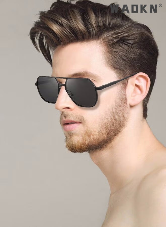 Men's Polarized Sunglasses Black Gray Polygon Lens UV400 Aluminum-Magnesium Alloy Arms for Driving Traveling Hunting with Case 58mm (Black)