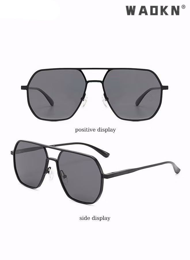 Men's Polarized Sunglasses Black Gray Polygon Lens UV400 Aluminum-Magnesium Alloy Arms for Driving Traveling Hunting with Case 58mm (Black)