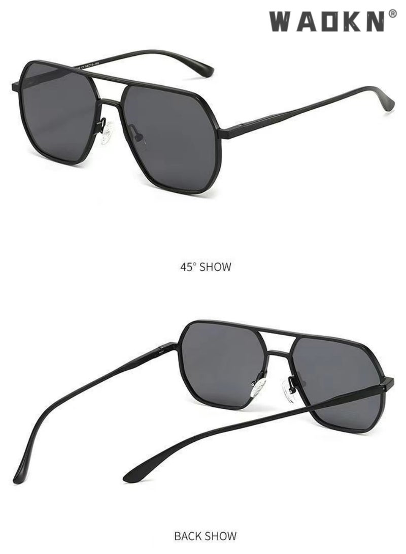 Men's Polarized Sunglasses Black Gray Polygon Lens UV400 Aluminum-Magnesium Alloy Arms for Driving Traveling Hunting with Case 58mm (Black)