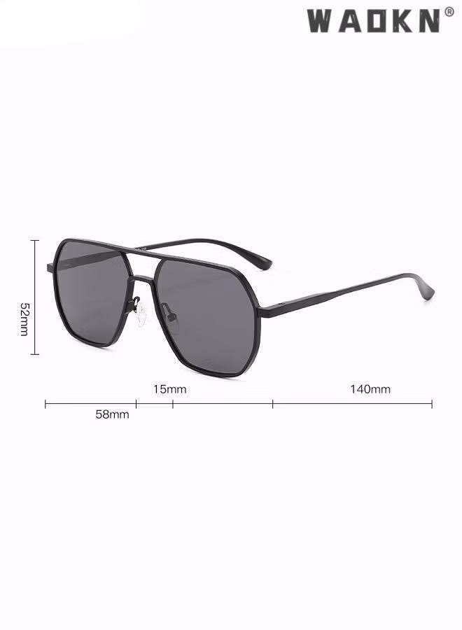 Men's Polarized Sunglasses Black Gray Polygon Lens UV400 Aluminum-Magnesium Alloy Arms for Driving Traveling Hunting with Case 58mm (Black)