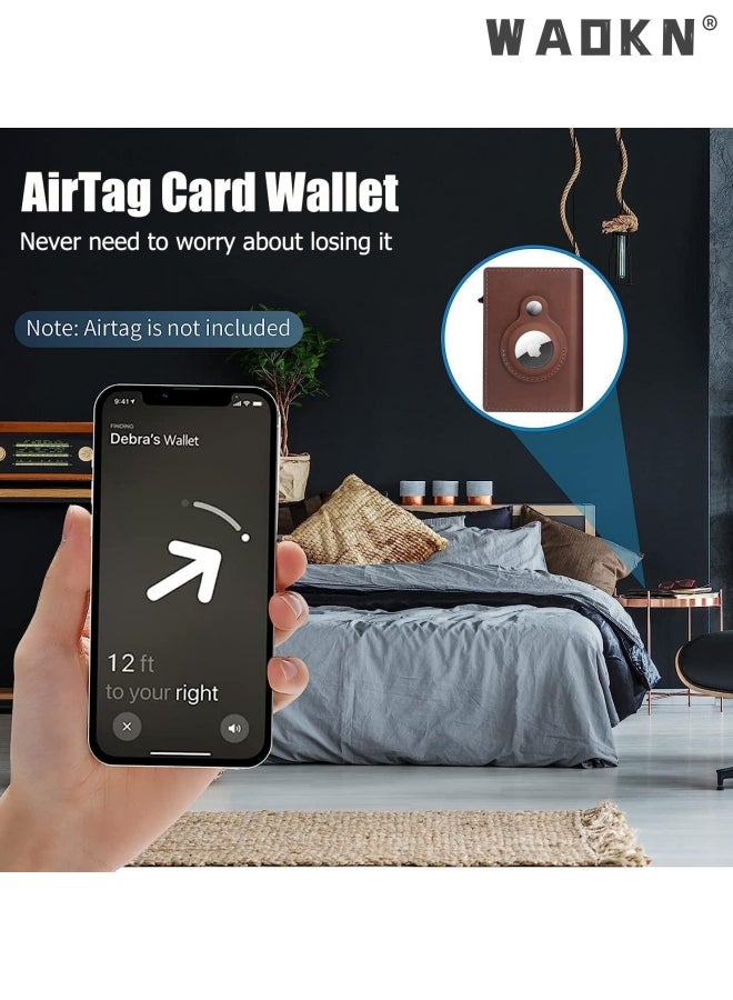 AirTag Wallet, Minimalist Pocket-Sized Genuine Leather Credit Card Holder with RFID Technology, Slim Money Clip and Smart Wallet for Men, Accessory & Case for Apple Air Tag (Brown)