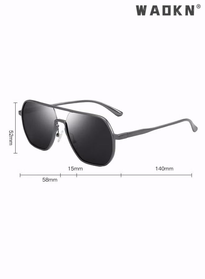 Men's Polarized Sunglasses Black Gray Polygon Lens UV400 Aluminum Magnesium Alloy Arms for Driving Traveling Hunting with Case ,Fashion Anti-Glare Sun Shades for Driving, Fishing, Traveling