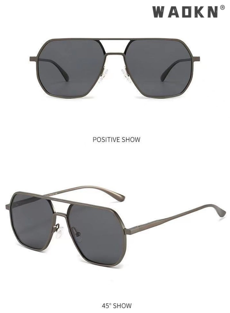Men's Polarized Sunglasses Black Gray Polygon Lens UV400 Aluminum Magnesium Alloy Arms for Driving Traveling Hunting with Case ,Fashion Anti-Glare Sun Shades for Driving, Fishing, Traveling