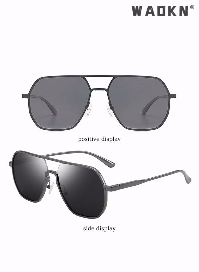 Men's Polarized Sunglasses Black Gray Polygon Lens UV400 Aluminum Magnesium Alloy Arms for Driving Traveling Hunting with Case ,Fashion Anti-Glare Sun Shades for Driving, Fishing, Traveling