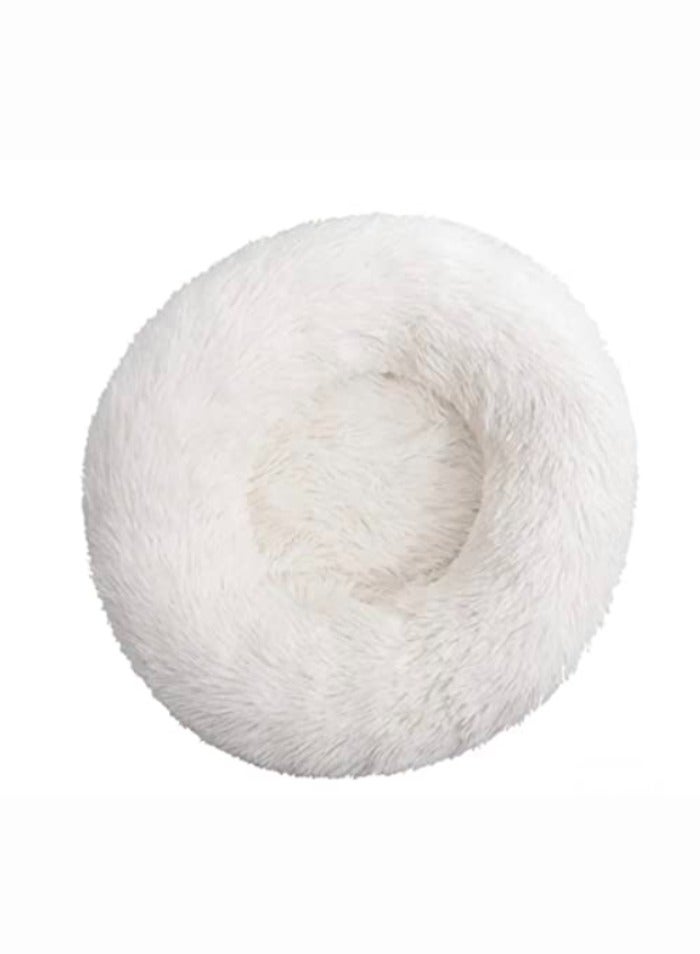 ComfyCraze Donut Shaped Cat Bed (White) - Cozy Pet Haven - Raised Edges, Super Warm Plush Fur, 60cm Diameter - Non-Slip Bottom, Removable & Washable - Ideal for Small/Medium Pets