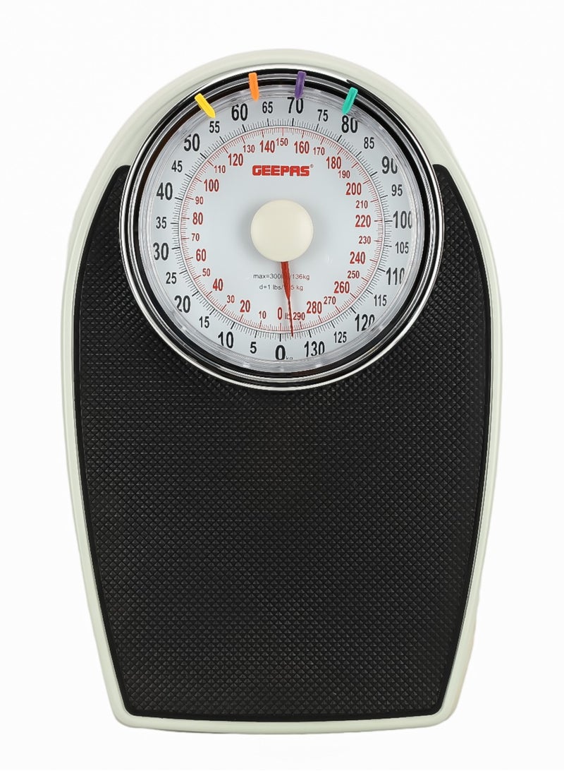 Geepas Mechanical Personal Scale-GBS46528 With Maximum Weight Capacity Of 136 Kg, Leatherwear Surface, Metal Material
