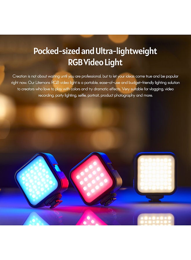 LITEMONS LED6R RGB LED Video Light Rechargeable Mini Fill-in Light 3200K-6500K Dimmable 13 Lighting Effects Support Magnetic Adsorption with 3 Cold Shoe Mounts