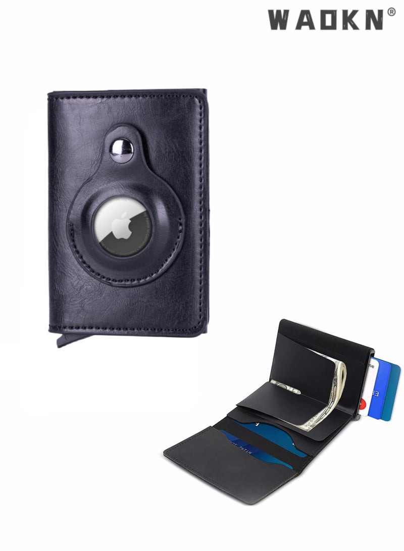 AirTag Wallet, Minimalist Pocket-Sized Genuine Leather Credit Card Holder with RFID Technology, Slim Money Clip and Smart Wallet for Men, Accessory & Case for Apple Air Tag (Black)