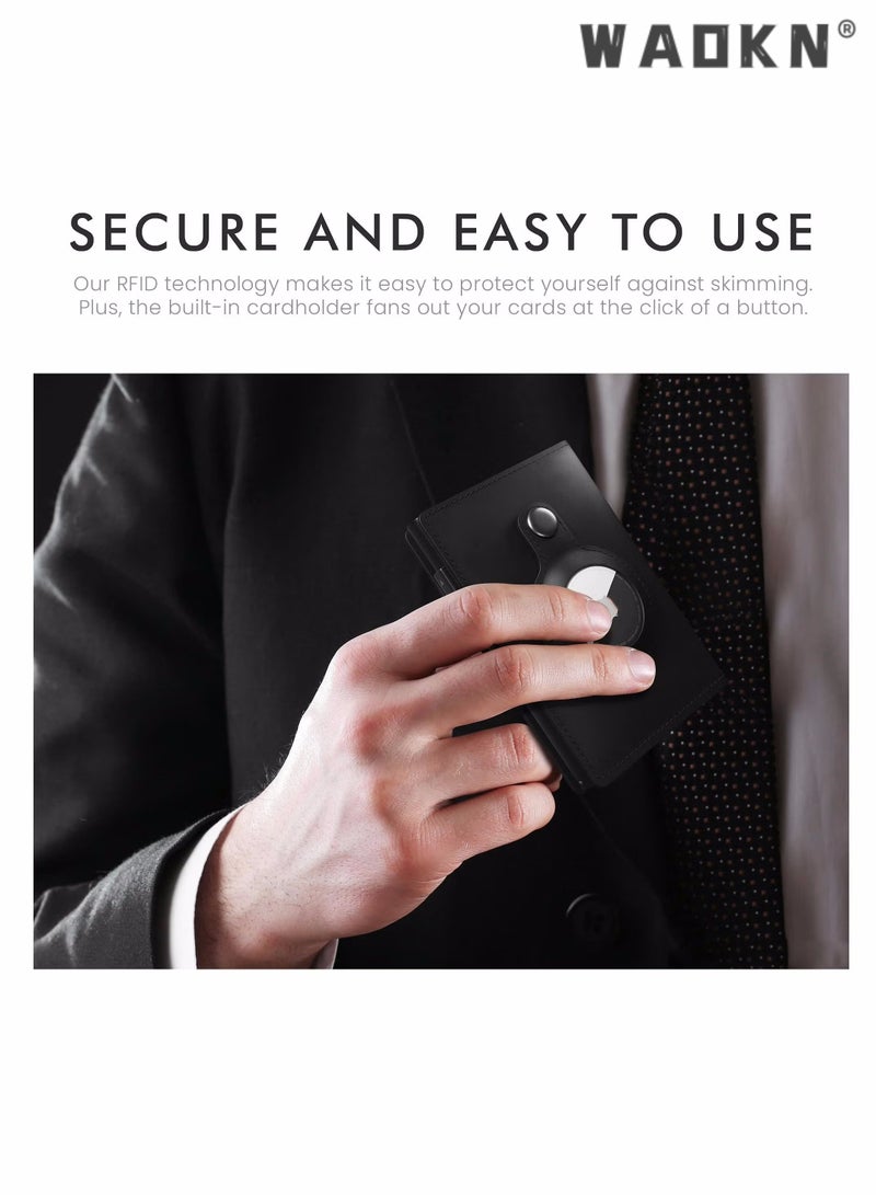 AirTag Wallet, Minimalist Pocket-Sized Genuine Leather Credit Card Holder with RFID Technology, Slim Money Clip and Smart Wallet for Men, Accessory & Case for Apple Air Tag (Black)